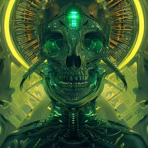 Image similar to hyperdetailed robotic skeleton, green neon heart, symetry, golden ratio, intricate, detailed, volumetric lighting, scenery, digital painting, highly detailed, artstation, sharp focus, illustration, artstation, art by artgerm and greg rutkowski and alphonse mucha