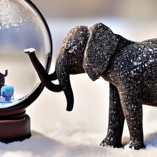 Image similar to a photograph of an elephant inside a snow globe toy, close-up detailed photo