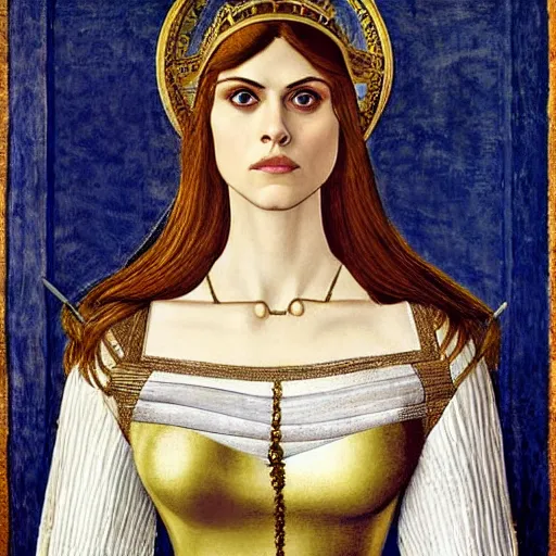 Image similar to alexandra daddario as joan of ark, elegant portrait by sandro botticelli, detailed, symmetrical, intricate