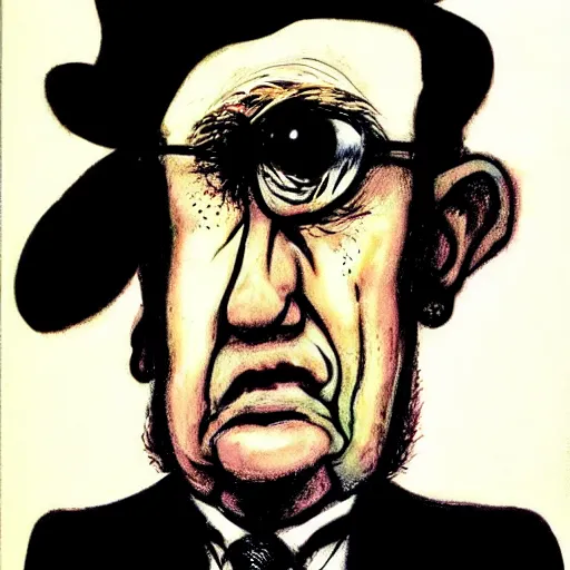 Prompt: : barney looking sad, political cartoon, style of Ralph Steadman