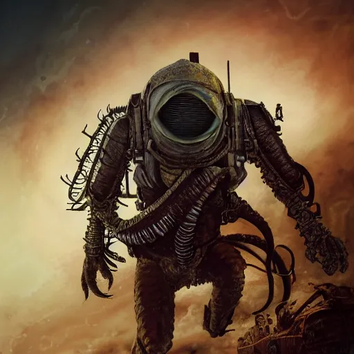 Prompt: mad max squid monster astronaut made out of ork technology from warhammer 40k, au naturel, hyper detailed, digital art, trending in artstation, cinematic lighting, studio quality, smooth render, unreal engine 5 rendered, octane rendered, art style by klimt and nixeu and ian sprigger and wlop and krenz cushart, full body portrait, well lit, intricate abstract. cyberpunk, intricate artwork, by Tooth Wu, wlop, beeple. octane render, trending on artstation, greg rutkowski very coherent symmetrical artwork. cinematic, hyper realism, high detail, octane render, 8k, minimalistic, hyperrealistic surrealism, award winning masterpiece with incredible details, a surreal vaporwave liminal space, highly detailed, trending on ArtStation