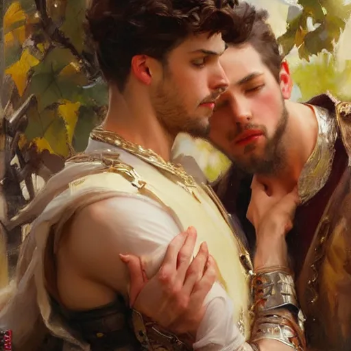 Prompt: attractive fully clothed king confesses his love for his attractive fully clothed male prince. highly detailed painting by daniel f. gerhartz, j. c. leyendecker 8 k