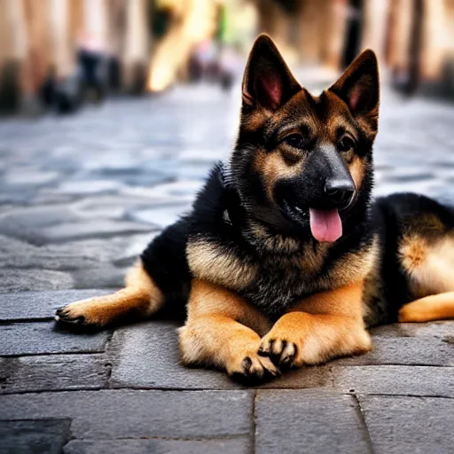 Prompt: a german shepherd shiba inu mix dog lying on the street in ancient florence, high quality digital art, photo realism, cinematic lighting, moody lighting