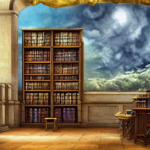 Prompt: Mysterious library with clouds near the floor, fantasy art