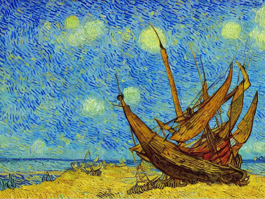 Image similar to bright beautiful oil painting of a viking longship beached on a tropical desert island, light scatter, van gogh