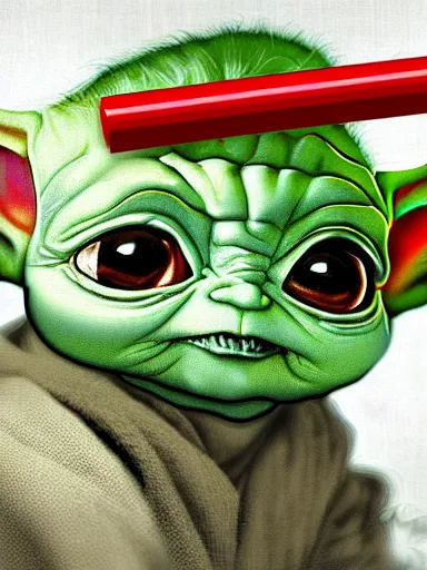 Prompt: baby yoda smocking a joint, digital painting, highly detailed