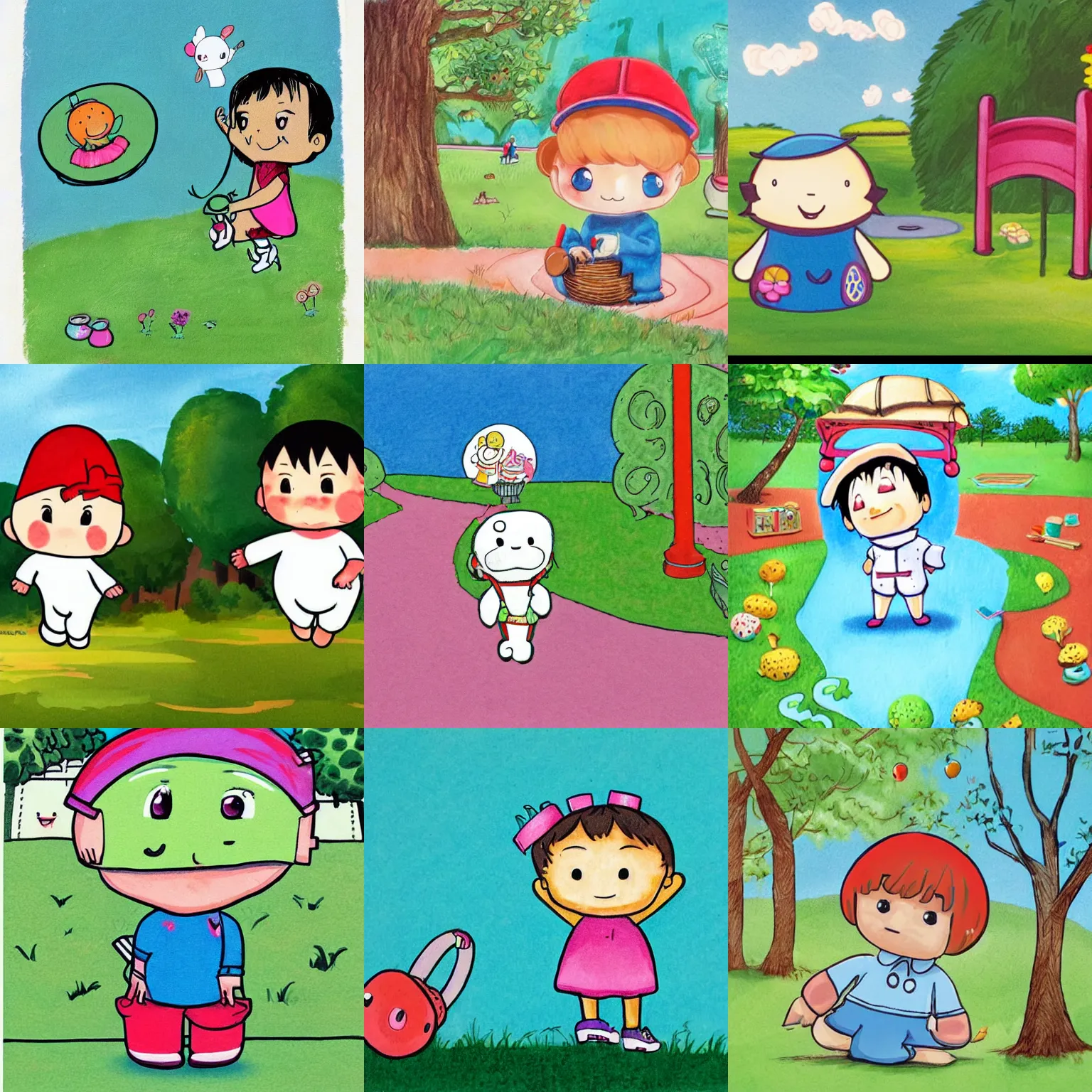 Prompt: adorable chibi doughboy goes to the park ; art from a children's book, bright and happy art style