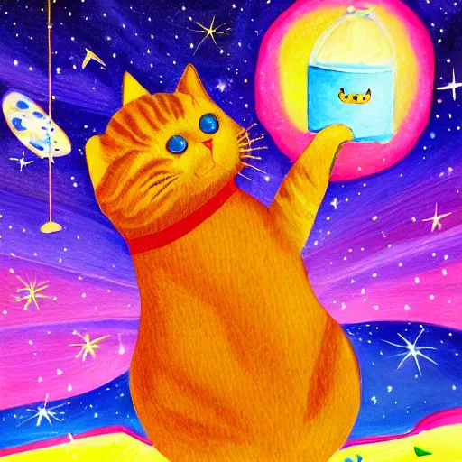 Prompt: painting of cat with pop tart body flying through space, pop tart cat