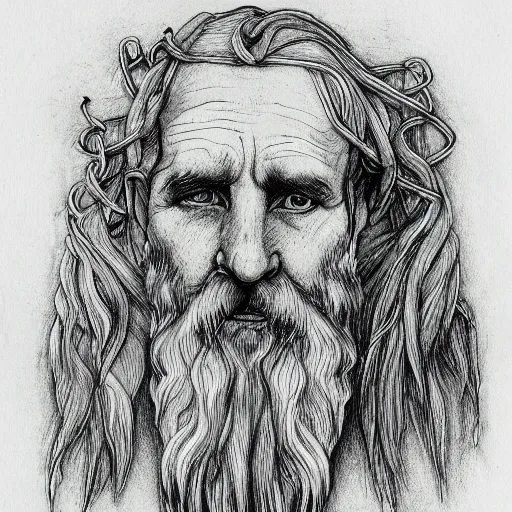 Image similar to bearded male druid gray skin pointy ears with vines as hair detailed drawing tolkien