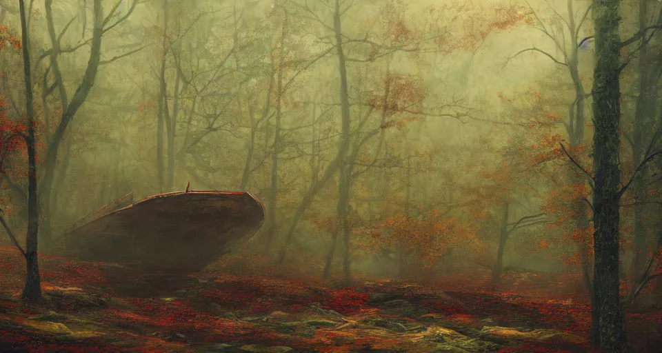 Image similar to an old broken sailing ship in an autumn forest, green and red tones, by Aron Wiesenfeld and beksincki, cinematic, detailed illustration, nature, fog, dark colors, suspense, intricate, 8k