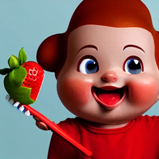 Image similar to a cute strawberry character with two front teeth, holding a yellow toothbrush, in the style of richard scarry