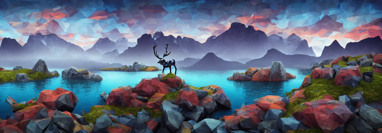 Image similar to super detailed color lowpoly art, northern sunset with rocks on front, blured monochromic lake in the middle of perspective and foggy mountains at background, graphic reindeers in random points, unreal engine, gothic rich deep colors, molotow premium color palette, 3d render, lowpoly, colorful, digital art