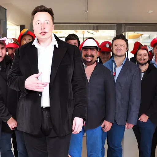 Image similar to Elon Musk dressed as Mario at a bussines meeting with Twitter board