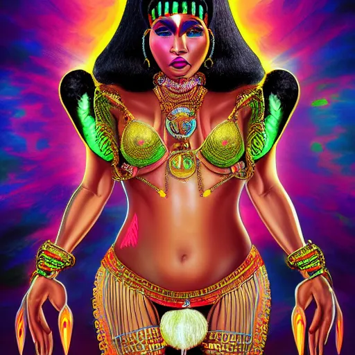 Prompt: an extremely psychedelic portrait of nicki minaj in thong dressed as cleopatra, surreal, lsd, face, detailed, intricate, elegant, highly detailed, digital painting, artstation, concept art, smooth, sharp focus, illustration,