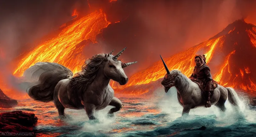 Image similar to Danny Devito riding unicorn in a lake of lava, concept art by Doug Chiang cinematic, realistic painting, high definition, digital art, symmetrical, very detailed, extremely high detail, photo realistic, concept art, unreal engine 5,