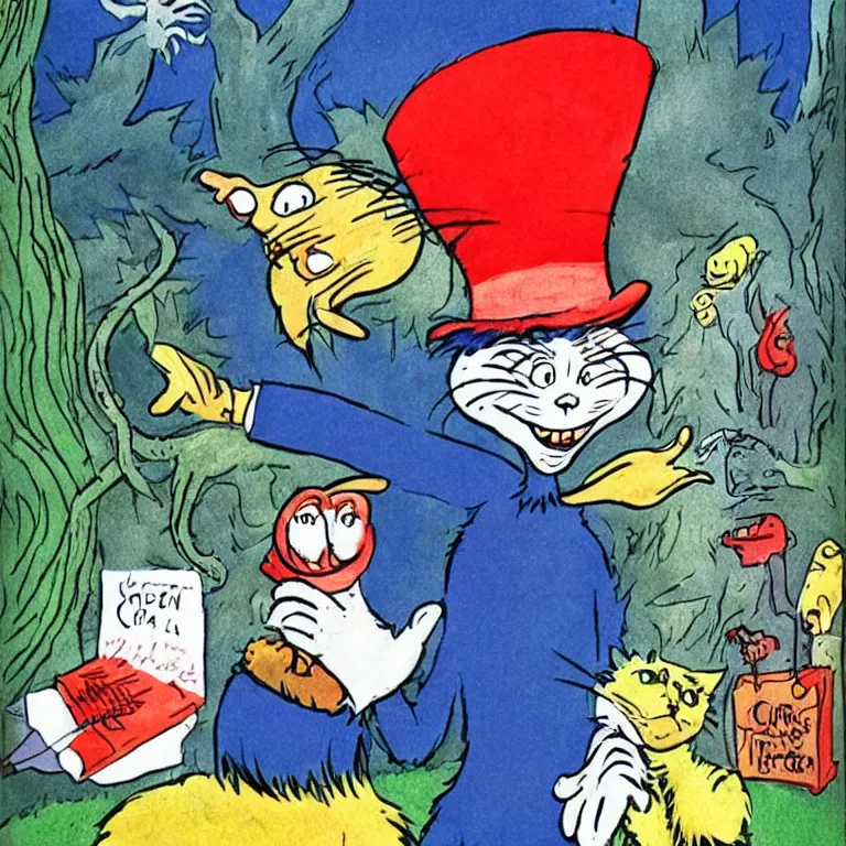 Image similar to cat in the hat terrifying nightmare, illustration by dr. seuss