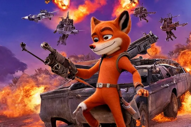 Image similar to nick wilde, heavily armed and armored facing down armageddon in a dark and gritty reboot from the makers of mad max : fury road : witness me