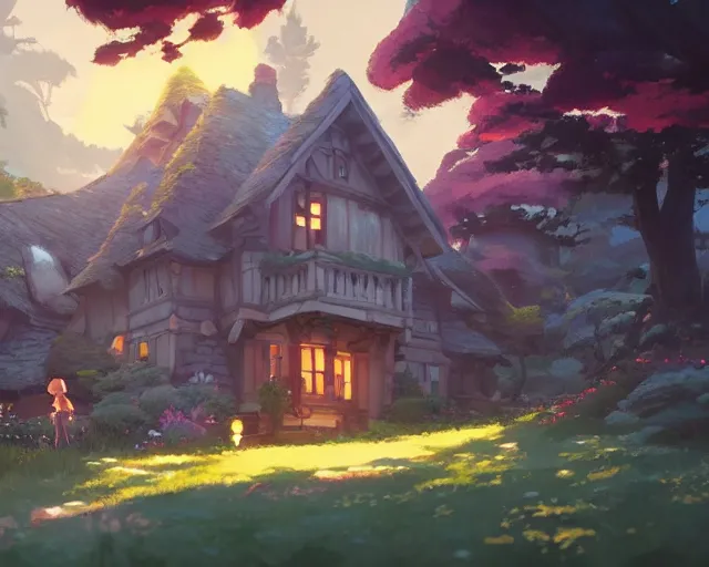 Image similar to fantasy cottagecore house with a beautiful garden, cory loftis, james gilleard, atey ghailan, makoto shinkai, goro fujita, studio ghibli, rim light, exquisite lighting, clear focus, very coherent, plain background, soft painting