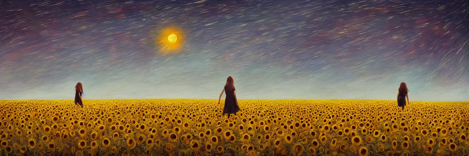 Image similar to giant sunflower as a head, girl walking in wheat field, hills, surreal photography, dark night, star trails, dramatic light, impressionist painting, clouds, digital painting, artstation, simon stalenhag