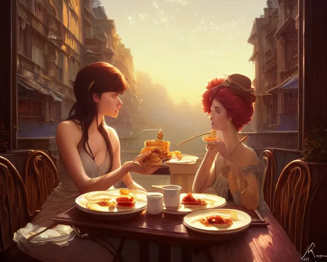 Image similar to photography of breakfast at tiffany's, different snap shots of the movie, intricate, elegant, highly detailed, digital painting, artstation, matte, illustration, art by artgerm, greg rutkowski, loish, rhads, ferdinand knab, makoto shinkai, lois van baarle, ilya kuvshinov, rossdraws, tom bagshaw