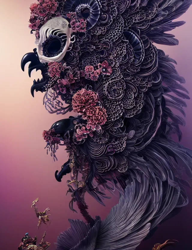 Image similar to 3 d goddess of death close - up profile portrait with ram skull. beautiful intricately detailed japanese crow kitsune mask and clasical japanese kimono. betta fish, jellyfish phoenix, bio luminescent, plasma, ice, water, wind, creature, artwork by tooth wu and wlop and beeple and greg rutkowski