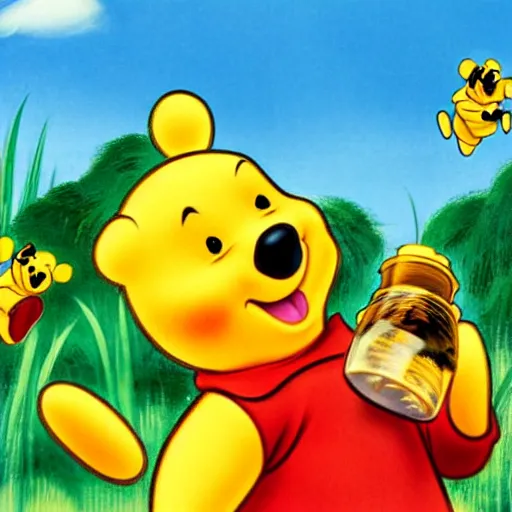 Image similar to Chinese propaganda poster of Winnie the pooh eating honey , high definition, 4k