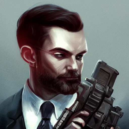 Image similar to portrait of an agent in a suit armed with a kriss vector, D&D, fantasy, elegant, hopeful, muscular, highly detailed, digital painting, artstation, concept art, smooth, sharp focus, illustration