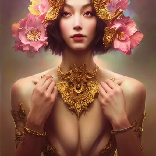 Prompt: expressive oil painting, of alluring european princess, seductive look, smirking, smooth glowing skin, glistening body, love, adoration, tattoos, ornate headpiece made from flowers, glamour shot, by yoshitaka amano, by greg rutkowski, by jeremyg lipkinng, by artgerm, digital art, octane render, heavenly aesthetic