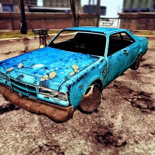 Image similar to A screenshot of a rusty, worn out, broken down, decrepit, run down, dingy, faded chipped paint, tattered, beater 1976 Denim Blue Dodge Aspen in Gran Turismo for the PS1