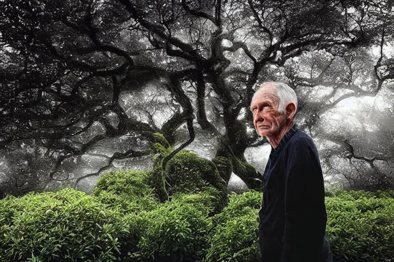 Image similar to “Photo by Robert ParkeHarrison. Close-up of an old man in a garden with flying trees. The dark sky is torn open like a paper and bright light shines through it.”