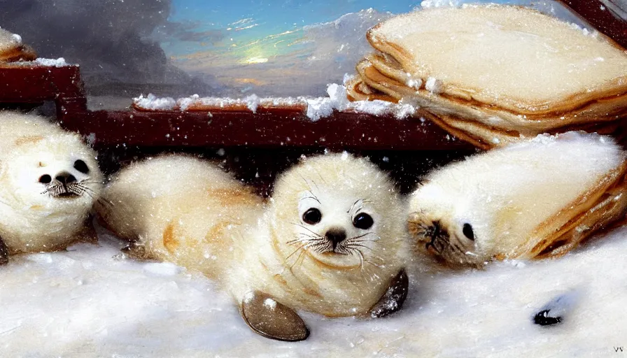 Image similar to highly detailed closeup painting of cute furry white baby seals in a pile of jam pancakes in the snow by william turner, by greg rutkowski, by william constable, thick brush strokes and visible paint layers, 4 k resolution