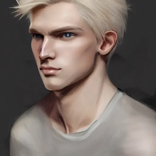 Prompt: Pale blond Lucius with closed eyes smiling, clean shaven young androgynous, very detailed sharp angular masculine face, hooked nose and square jaw, long fluffy curly blond hair, very very very extremely light blond hair, gorgeous, beautiful, intricate, highly detailed, digital painting, artstation, concept art, sharp focus, illustration, art by greg rutkowski and alphonse mucha