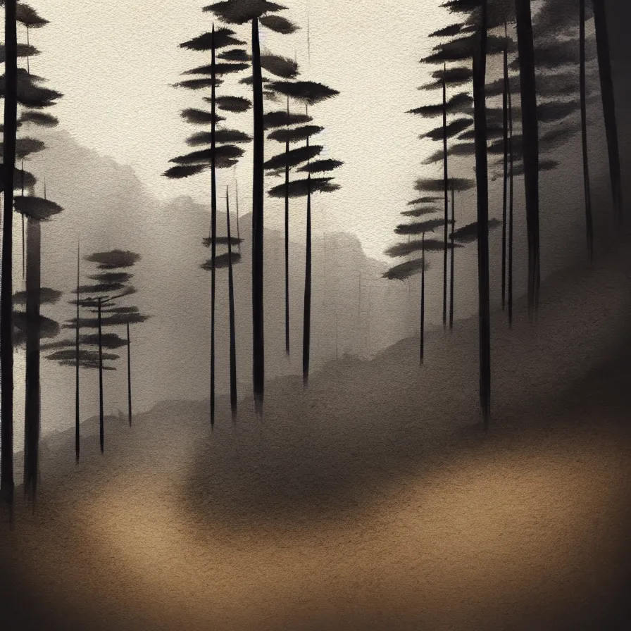 Image similar to abstract black watercolour artwork of a stone path leading down the horizon through giant pine forests down a rocky mountain coast towards a majestic sunset. atmospheric foggy landscape, soft sepia tones, psychedelic, ultra realistic, concept art, modern art, photorealistic, octane render.