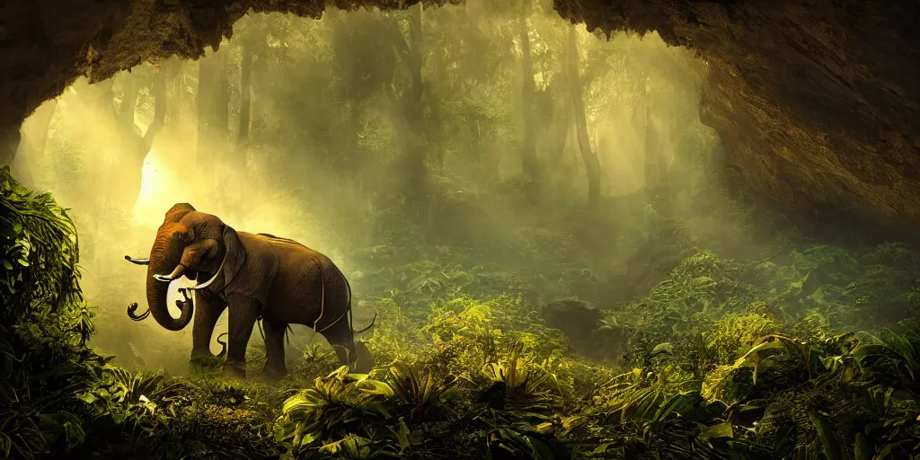 Image similar to magnificent mechanical steampunk elephant looking eerily into a cave entrance with lush vegetation and mystical (((glowing algae))) in the sunset, desaturated, creepy ambiance, dangerous, sharp focus, highly detailed, artgerm