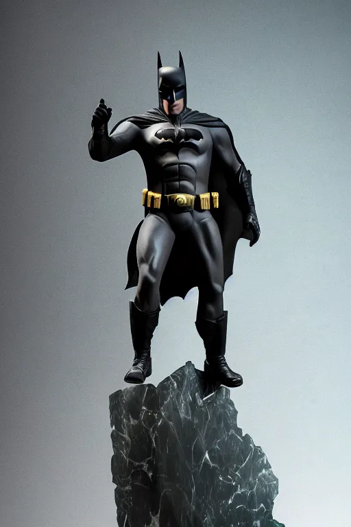 Prompt: batman carved from translucent jade,, the dark knight, frank miller, dynamic pose standing on a marble pedestal, intricate details, intricate textures, warm lighting, vivid colors, smoke and mist, realistic octane render, hyper realistic render, volumetric shading, depth of field, raytracing, 8 k,