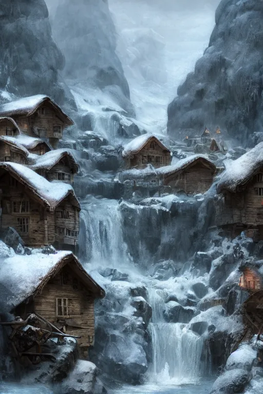 Image similar to mountain village with wooden viking houses on top of a waterfall in the snow, blizzard, a small stream runs beneath the waterfall, landscape, raphael lacoste, eddie mendoza, alex ross, concept art, matte painting, highly detailed, rule of thirds, dynamic lighting, cinematic, detailed, denoised, centerd