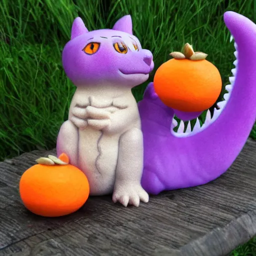 Image similar to small cute purple dragon, the dragon is hugging an orange tabby cat, fantasy, cozy