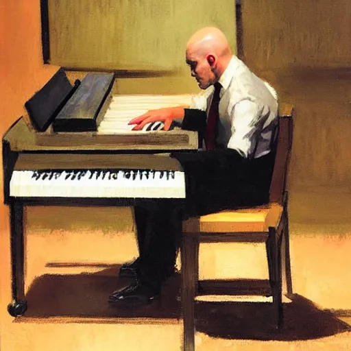 Prompt: agent 4 7 from hitman wearing headphones while playing a piano, by gregory manchess, james gurney, james jean