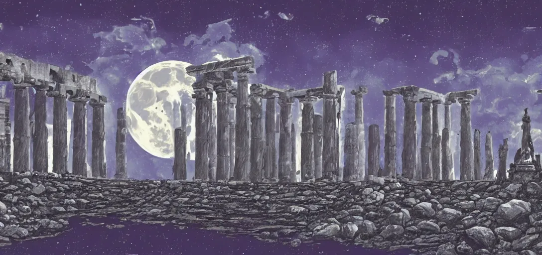 Image similar to The ruins of the Silver Millennium on the moon from Sailor Moon, digital painting, planet Earth in the distance, Greek-esque columns and ruins, black sky