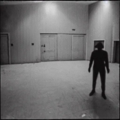 Image similar to 1 9 9 0 s security cam found footage of an abandoned soviet town with a male humanoid shadow monster, liminal space, backrooms, scp, film grain, rundown, eerie, dark lighting, 3 5 mm, realistic, photograph