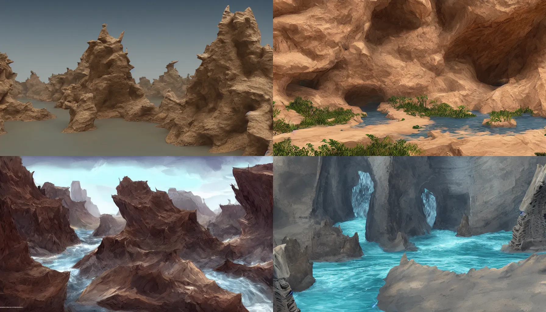 Prompt: Flying buttresses embedded inside desert cliffs, river rapids, flowing water, artstationhq, concept art