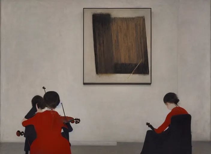 Image similar to two young violin players concentrating, francis bacon and pat steir and hilma af klint and james jean, psychological, intriguing details, unreal 5, altermodern