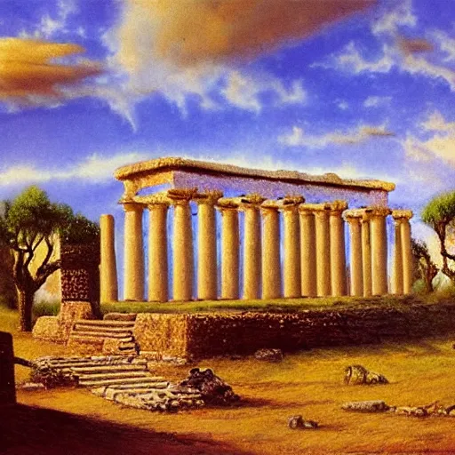 Image similar to glowing Sumerian temple in a Mediterranean landscape, bob Ross, Alan Lee, 8k photo, award winning photo