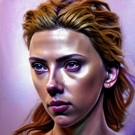 Image similar to hyperrealistic mixed media painting of beautiful goddess Athena played by Scarlett Johansson, stunning 3d render inspired art by P. Craig Russell and Barry Windsor-Smith, perfect facial symmetry, dim volumetric lighting, 8k octane beautifully detailed render, post-processing, portrait, extremely hyper-detailed, intricate, epic composition, brown brown brown eyes, realistic eyes, cinematic lighting, masterpiece, trending on artstation, detailed detailed detailed, masterpiece, stunning