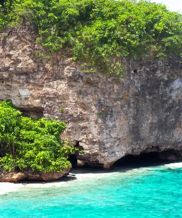 Prompt: turtle bay beach jamaica, sharp cliffs, island with cave