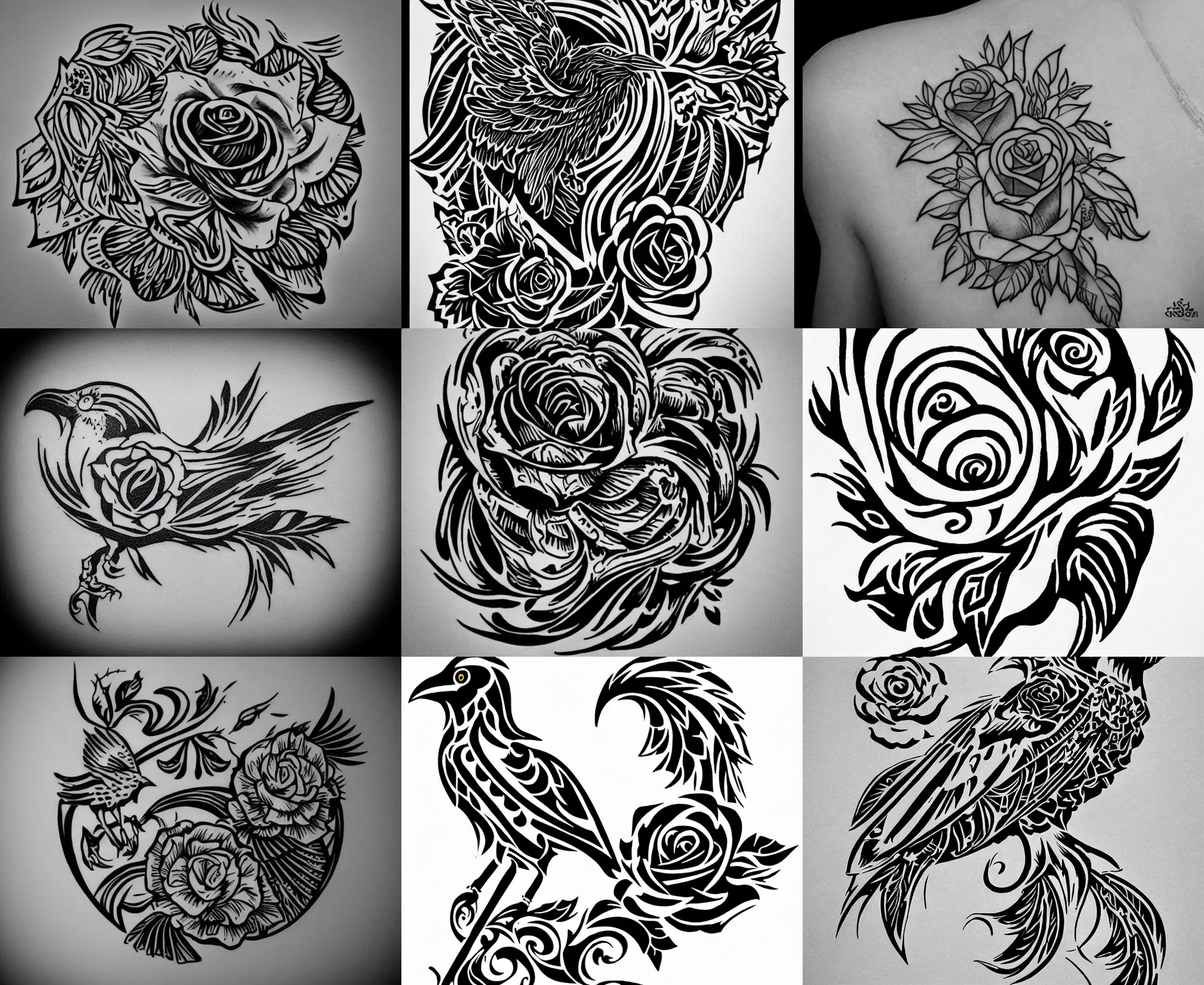 Image similar to Tattoo Stencil stylized crow rose Raven, bold strong lines very highly aesthetic