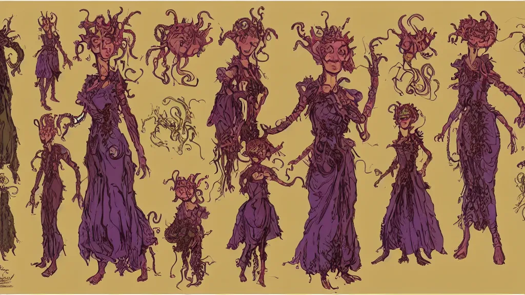 Image similar to highly detailed colorful character sheet for a stocky alien extraterrestrial victorian female servant maid with thick snake - like tentacles instead of hair, long dress with apron, mucha, jim henson creature shop, impact by craig mullins, by studio ghibli, digital art, trending on artstation, hd, 8 k, good lighting, beautiful, rough paper, masterpiece