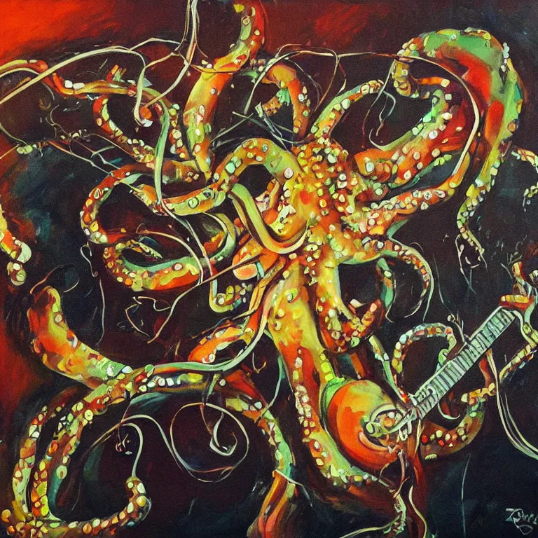 Image similar to a beautiful painting by zeen chin of an octopus playing drums and telecaster guitar in an electronic concert, dark background, concert light, dark mood, warm lights