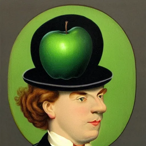 Image similar to Victorian gentlemen wearing a bowler hat looking on a green apple, in the style of rene magritte