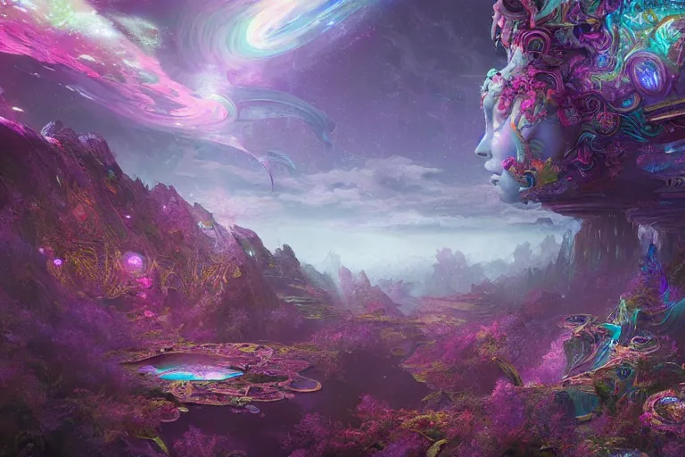 Prompt: a psychedelic realm at the edge of existence where intensely creative astral beings exist, another realm is starting to bleed through into their world, in the style of WLOP, illustration, epic, fantasy, hyper detailed, smooth, unreal engine, sharp focus, ray tracing